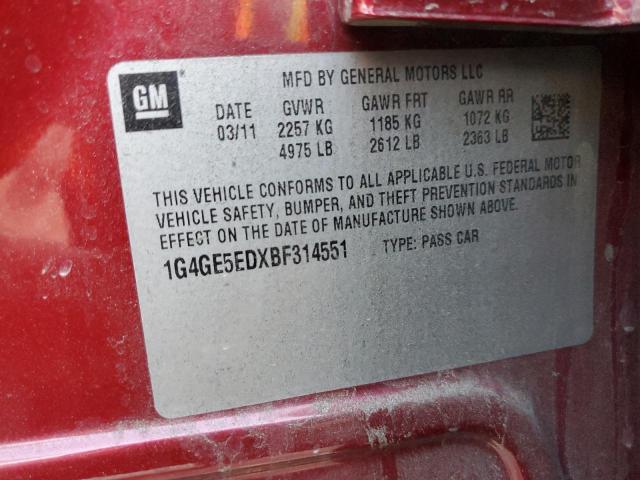 1G4GE5EDXBF314551 - 2011 BUICK LACROSSE CXS RED photo 12