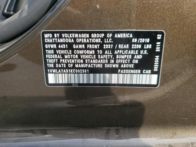 1VWLA7A31KC002351 - 2019 VOLKSWAGEN PASSAT WOLFSBURG BROWN photo 12
