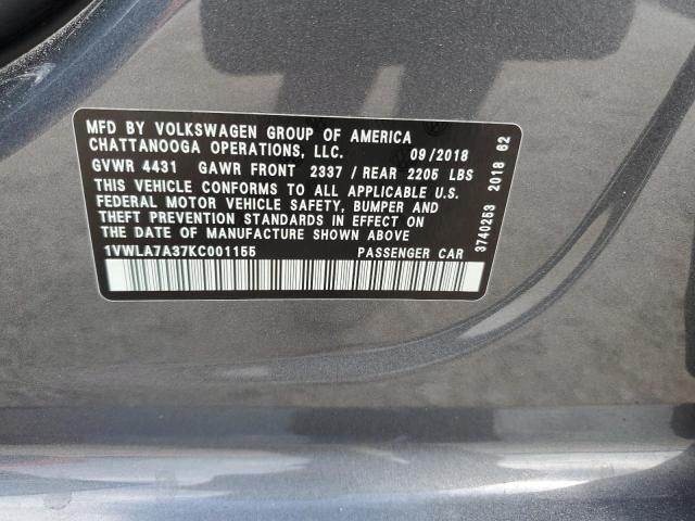 1VWLA7A37KC001155 - 2019 VOLKSWAGEN PASSAT WOLFSBURG GRAY photo 12