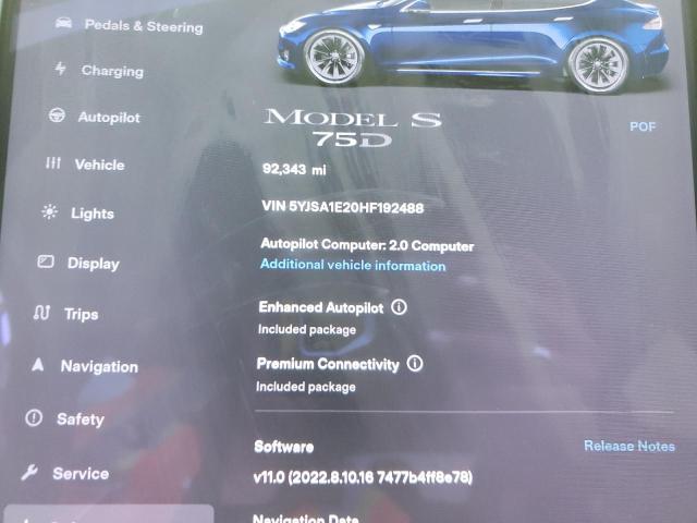 5YJSA1E20HF192488 - 2017 TESLA MODEL S ლურჯი ფოტო 9
