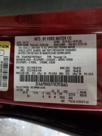 3FA6P0HD7FR293665 - 2015 FORD FUSION SE MAROON photo 12