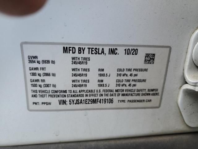 5YJSA1E29MF419106 - 2021 TESLA MODEL S WHITE photo 13
