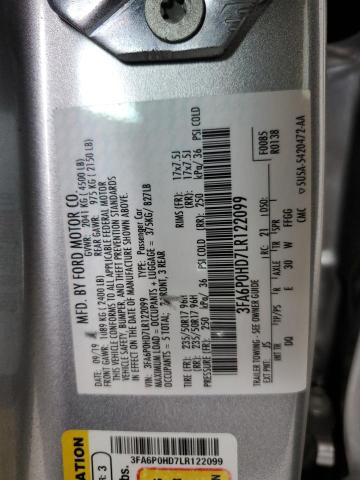 3FA6P0HD7LR122099 - 2020 FORD FUSION SE SILVER photo 13