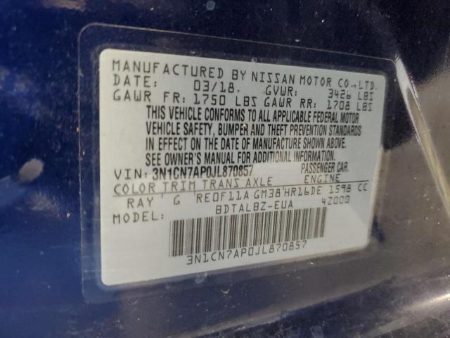 3N1CN7AP0JL870857 - 2018 NISSAN VERSA S BLUE photo 13