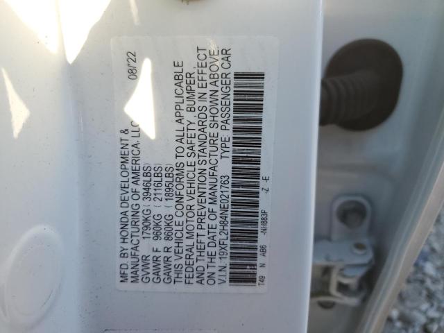 19XFL2H84NE021763 - 2022 HONDA CIVIC SPORT 白色 照片 12