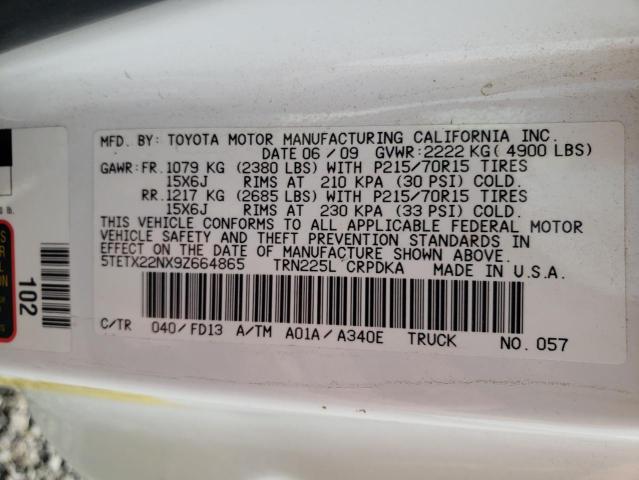 5TETX22NX9Z664865 - 2009 TOYOTA TACOMA ACCESS CAB თეთრი ფოტო 12