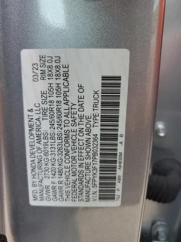 5FPYK3F17PB032364 - 2023 HONDA RIDGELINE SPORT GRAY photo 12