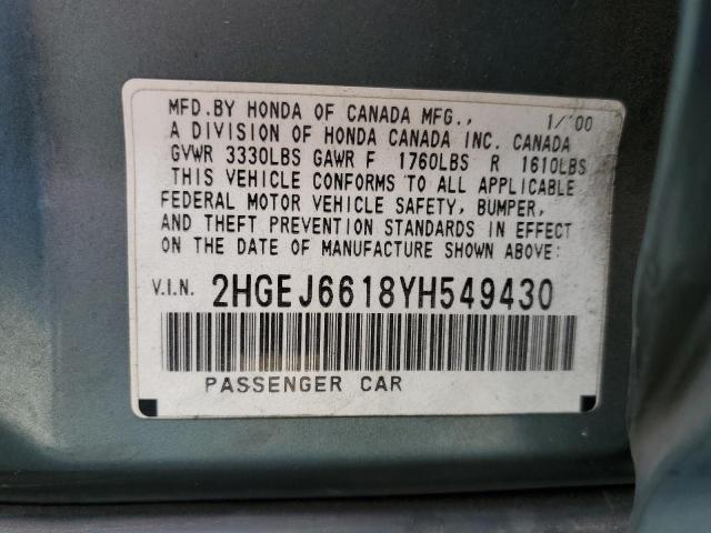 2HGEJ6618YH549430 - 2000 HONDA CIVIC BASE Dəniz mavisi foto 12