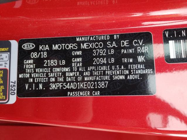 3KPF54AD1KE021387 - 2019 KIA FORTE EX RED photo 13