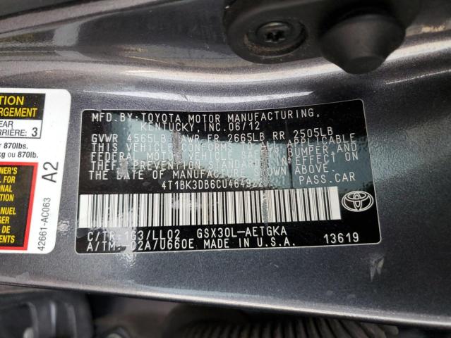 4T1BK3DB6CU464922 - 2012 TOYOTA AVALON BASE 灰色 照片 12