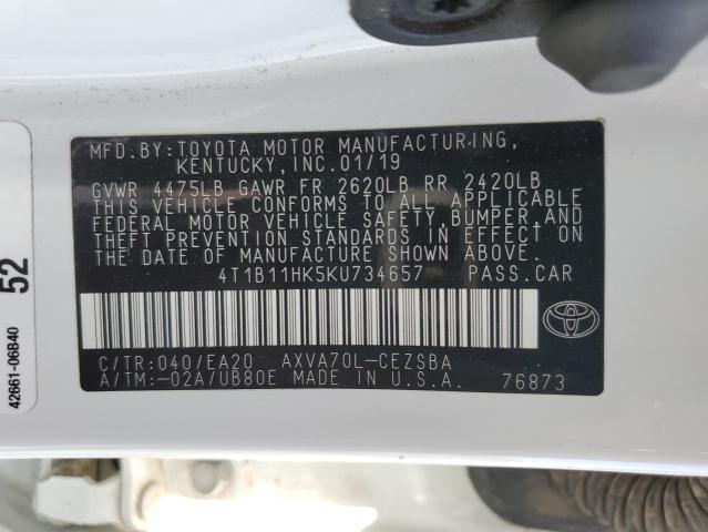 4T1B11HK5KU734657 - 2019 TOYOTA CAMRY L WHITE photo 13