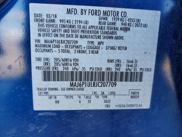 MAJ6P1UL8JC207709 - 2018 FORD ECOSPORT SE BLUE photo 13