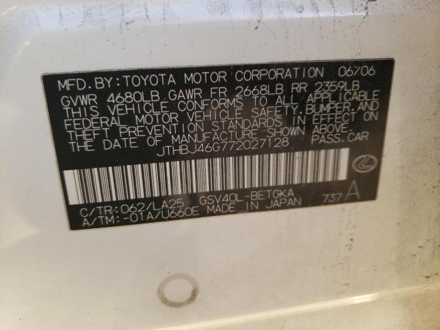 JTHBJ46G772027128 - 2007 LEXUS ES 350 WHITE photo 12