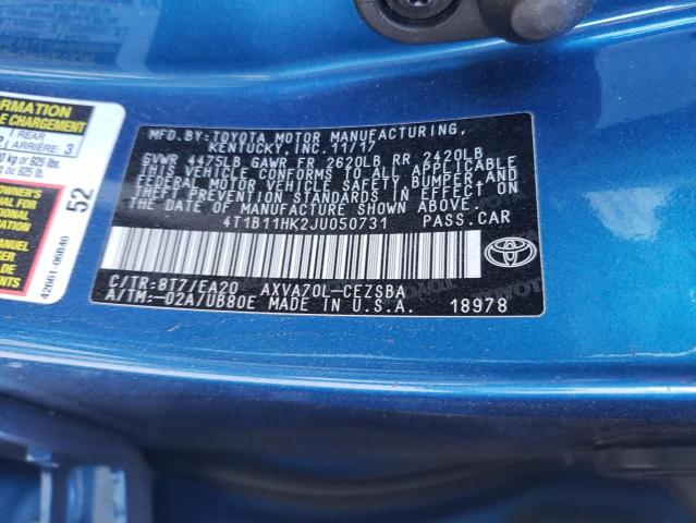 4T1B11HK2JU050731 - 2018 TOYOTA CAMRY L BLUE photo 12