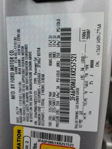 3FA6P0MU1KR257521 - 2019 FORD FUSION SEL SILVER photo 12