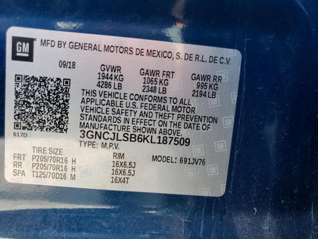 3GNCJLSB6KL187509 - 2019 CHEVROLET TRAX 1LT BLUE photo 13