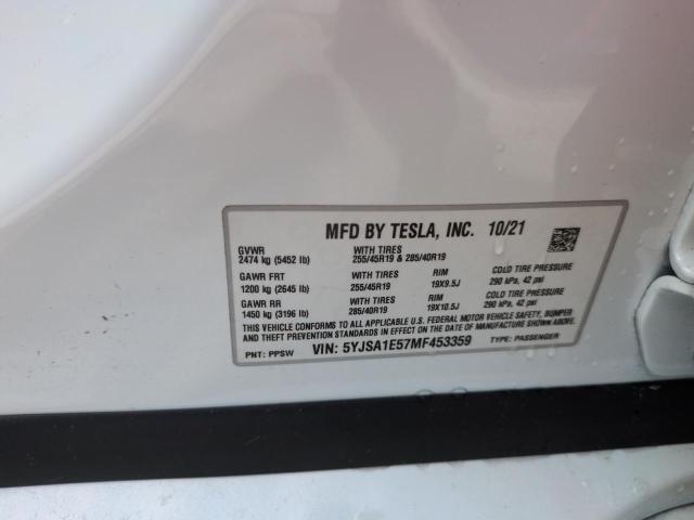 5YJSA1E57MF453359 - 2021 TESLA MODEL S WHITE photo 13