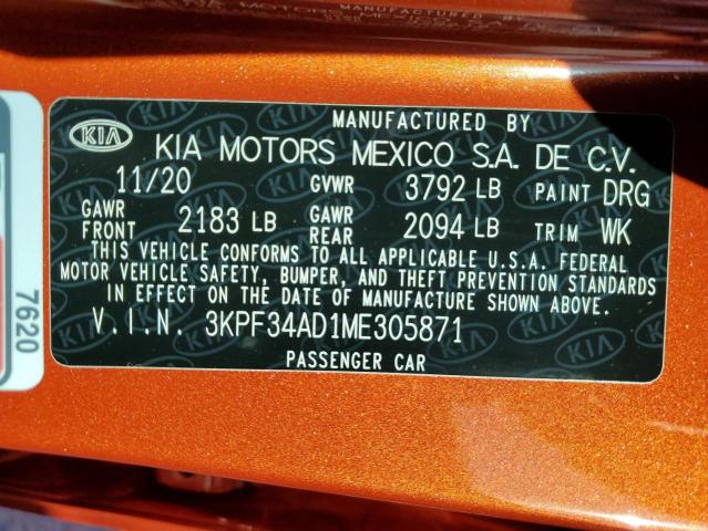 3KPF34AD1ME305871 - 2021 KIA FORTE GT LINE ORANGE photo 12