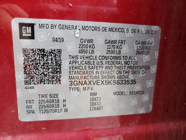 3GNAXVEX5KS633535 - 2019 CHEVROLET EQUINOX LT RED photo 12