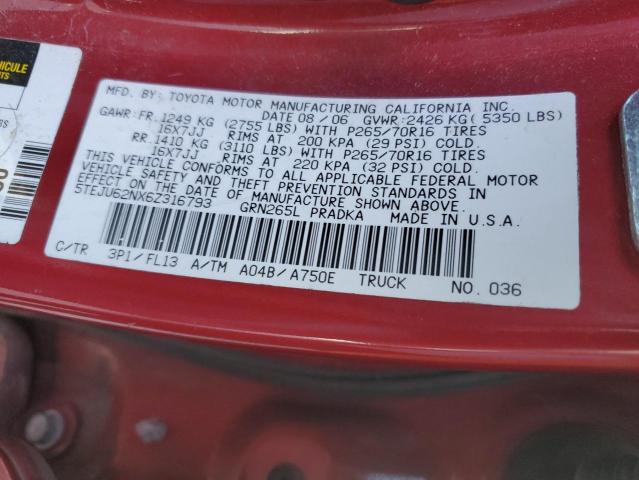 5TEJU62NX6Z316793 - 2006 TOYOTA TACOMA DOUBLE CAB PRERUNNER RED photo 12