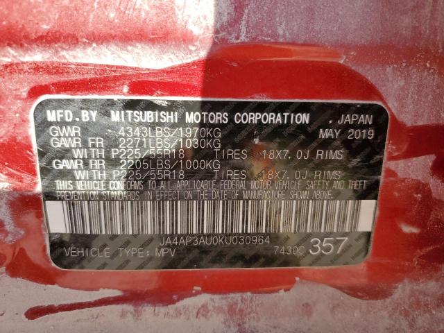 JA4AP3AU0KU030964 - 2019 MITSUBISHI OUTLANDER ES RED photo 12