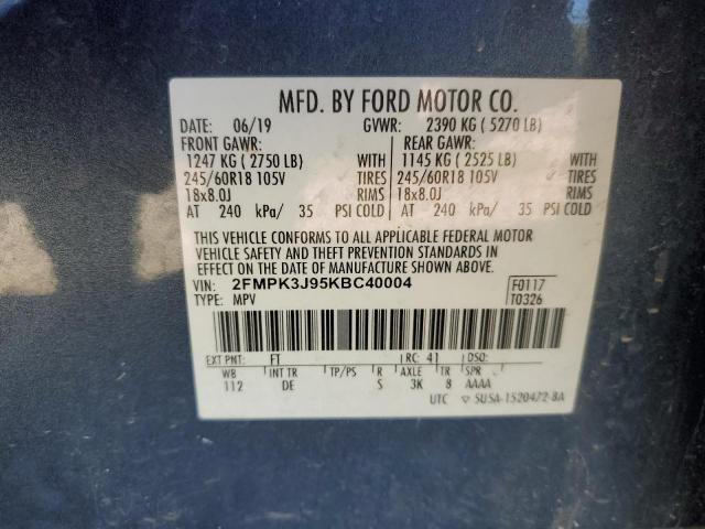 2FMPK3J95KBC40004 - 2019 FORD EDGE SEL BLUE photo 14