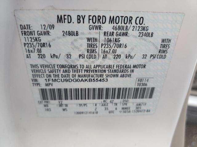 1FMCU9DG0AKB55453 - 2010 FORD ESCAPE XLT WHITE photo 12