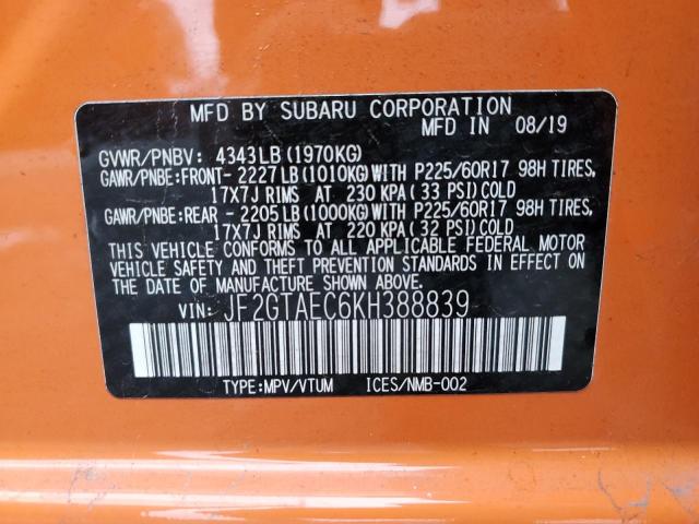 JF2GTAEC6KH388839 - 2019 SUBARU CROSSTREK PREMIUM ORANGE photo 12