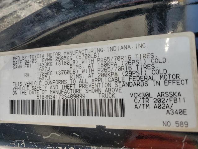 5TBRN34173S409099 - 2003 TOYOTA TUNDRA ACCESS CAB SR5 BLACK photo 12