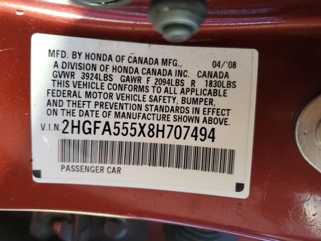 2HGFA555X8H707494 - 2008 HONDA CIVIC SI MAROON photo 12