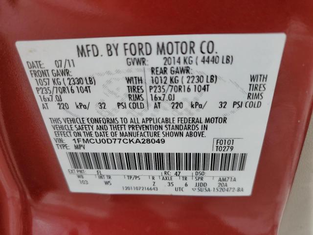 1FMCU0D77CKA28049 - 2012 FORD ESCAPE XLT RED photo 13
