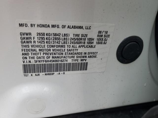 5FNYF6H45KB016274 - 2019 HONDA PILOT EXL WHITE photo 13