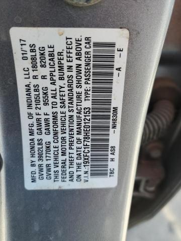 19XFC1F78HE012153 - 2017 HONDA CIVIC EXL ვერცხლისფერი ფოტო 12