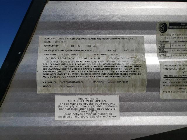 5SFPB3624KE405221 - 2019 HEART LAND PROWLER 灰色 照片 10