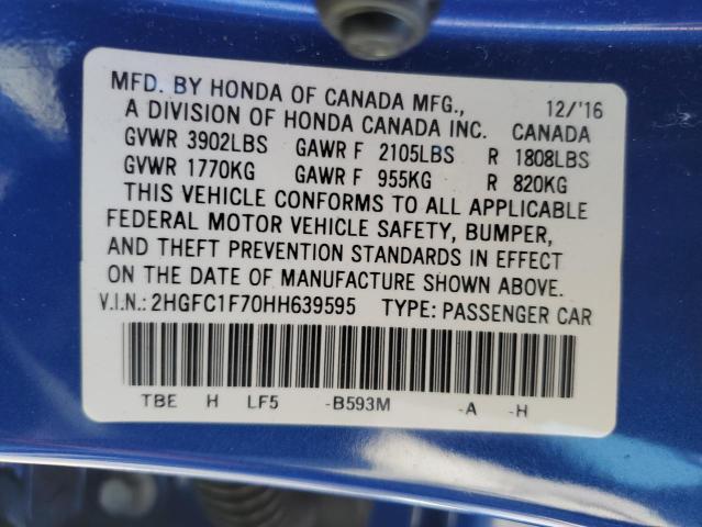 2HGFC1F70HH639595 - 2017 HONDA CIVIC EXL ლურჯი ფოტო 12