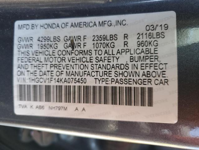 1HGCV1F14KA075450 - 2019 HONDA ACCORD LX GRAY photo 12