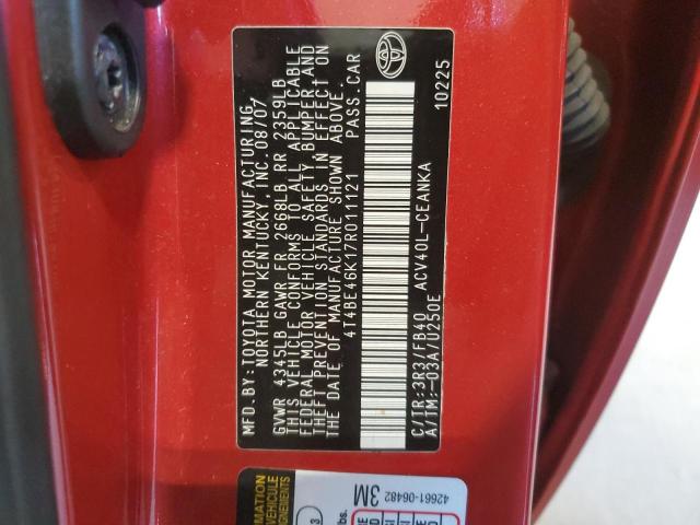 4T4BE46K17R011121 - 2007 TOYOTA CAMRY CE RED photo 12