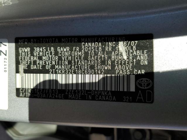 2T1KR32E18C690142 - 2008 TOYOTA COROLLA MA XR SILVER photo 13