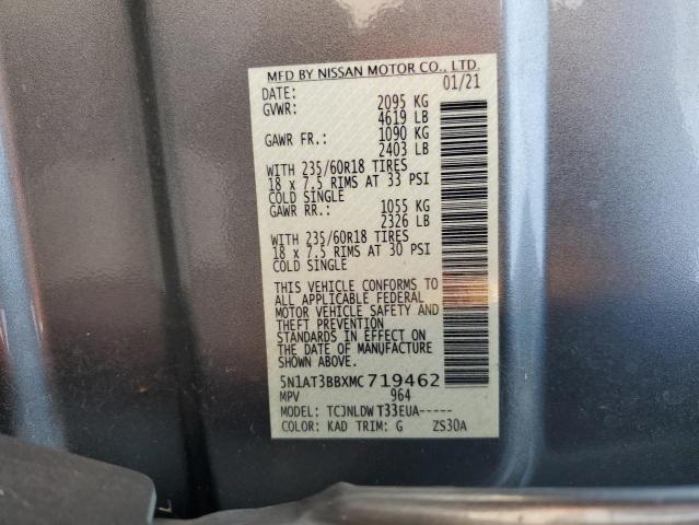 5N1AT3BBXMC719462 - 2021 NISSAN ROGUE SV GRAY photo 12