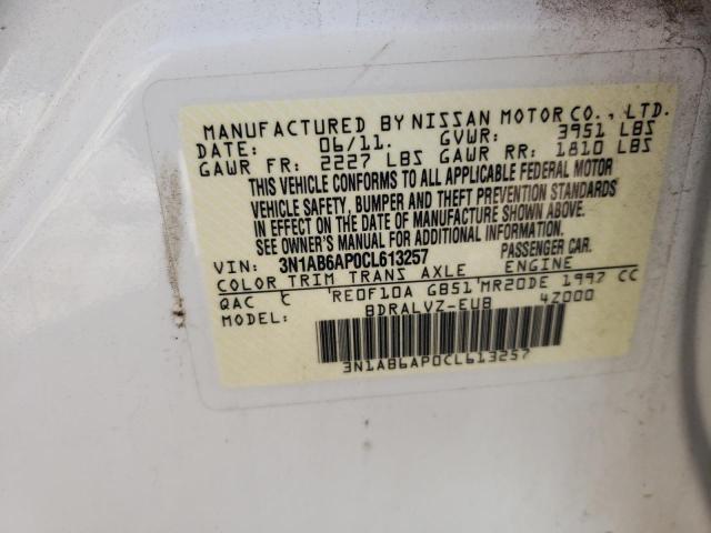 3N1AB6AP0CL613257 - 2012 NISSAN SENTRA 2.0 WHITE photo 12