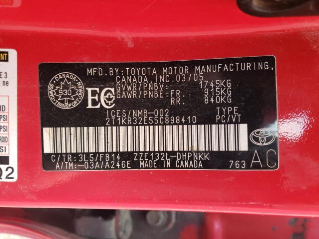 2T1KR32E55C898410 - 2005 TOYOTA COROLLA MA XR RED photo 12