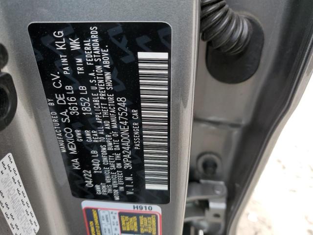 3KPA24AD0NE475248 - 2022 KIA RIO LX SILVER photo 12