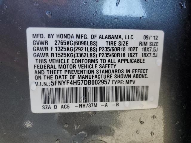 5FNYF4H57DB002957 - 2013 HONDA PILOT EXL CHARCOAL photo 13