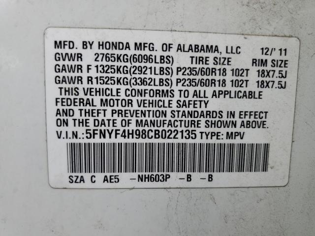 5FNYF4H98CB022135 - 2012 HONDA PILOT TOURING WHITE photo 12