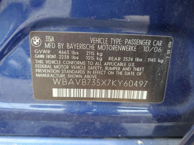 WBAVB735X7KY60497 - 2007 BMW 335 I BLUE photo 12