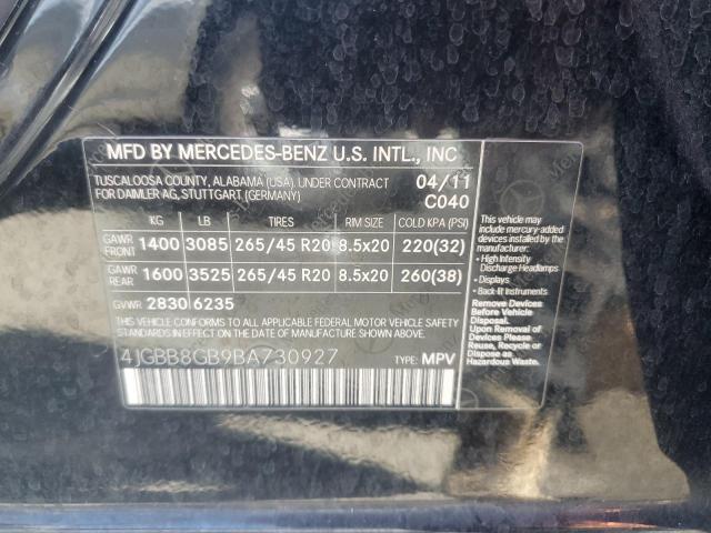 4JGBB8GB9BA730927 - 2011 MERCEDES-BENZ ML 350 4MATIC BLACK photo 13