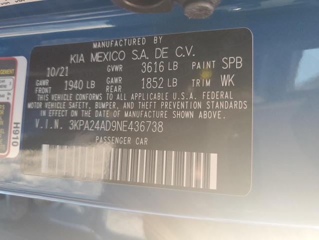 3KPA24AD9NE436738 - 2022 KIA RIO LX BLUE photo 12