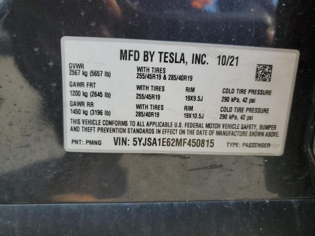 5YJSA1E62MF450815 - 2021 TESLA MODEL S ნაცრისფერი ფოტო 12