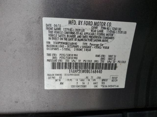 1FAHP2EW0BG168440 - 2011 FORD TAURUS SEL GRAY photo 12