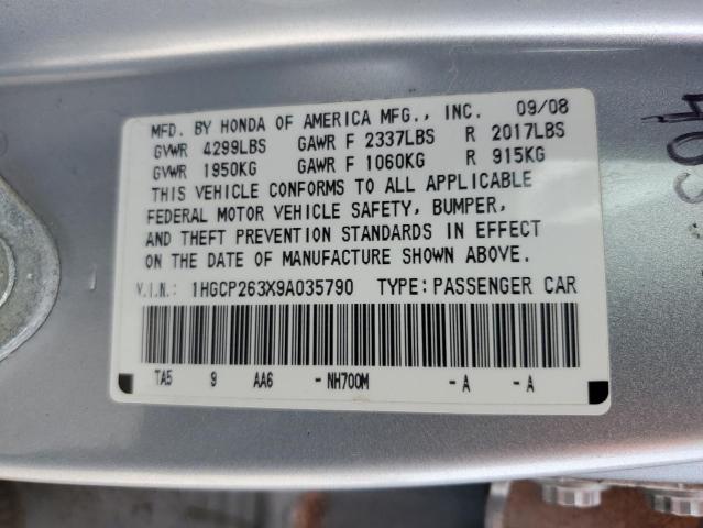 1HGCP263X9A035790 - 2009 HONDA ACCORD LX SILVER photo 13